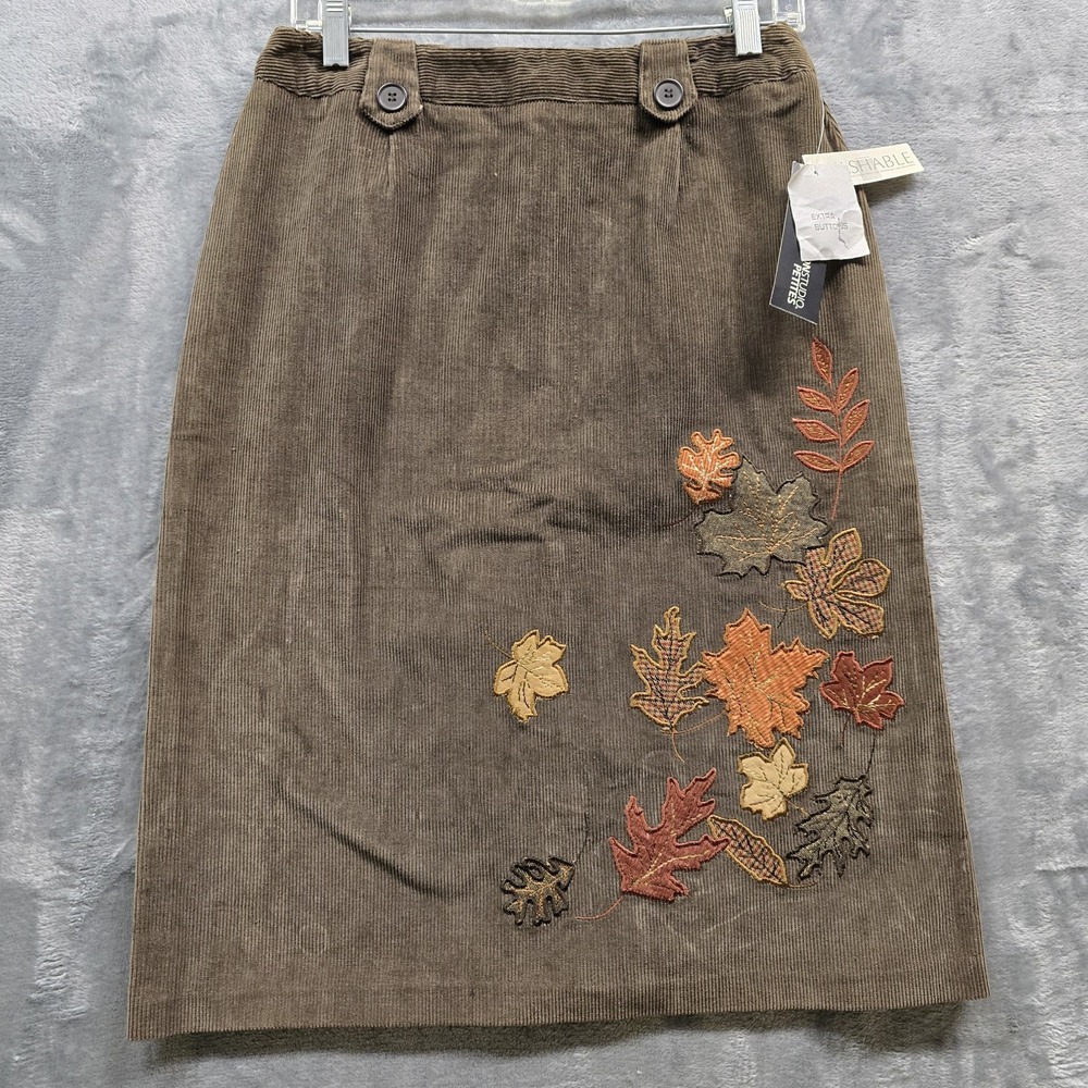 VTG Corduroy Skirt Women's Sz 8 Petites Brown Embroider Fall Autumn Thanksgiving